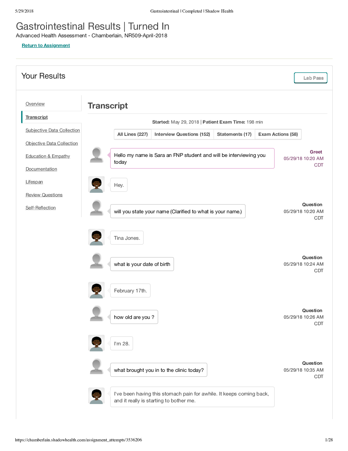 Preview of NR 509 Gastrointestinal  Transcript Gastrointestinal  Completed  Shadow Health Assignment